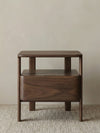 Front view of Sylvan Solid North American Black Walnut Nightstand featuring mid-century modern design and tapered legs.