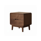 Solid black walnut nightstand with two drawers and rounded edges, side view