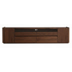 Front view of Walnutry Horizon solid black walnut TV stand featuring rich wood grain and three storage drawers.
