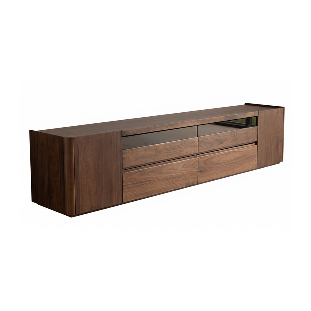 side view of Walnutry Horizon solid black walnut TV stand featuring rich wood grain and three storage drawers.