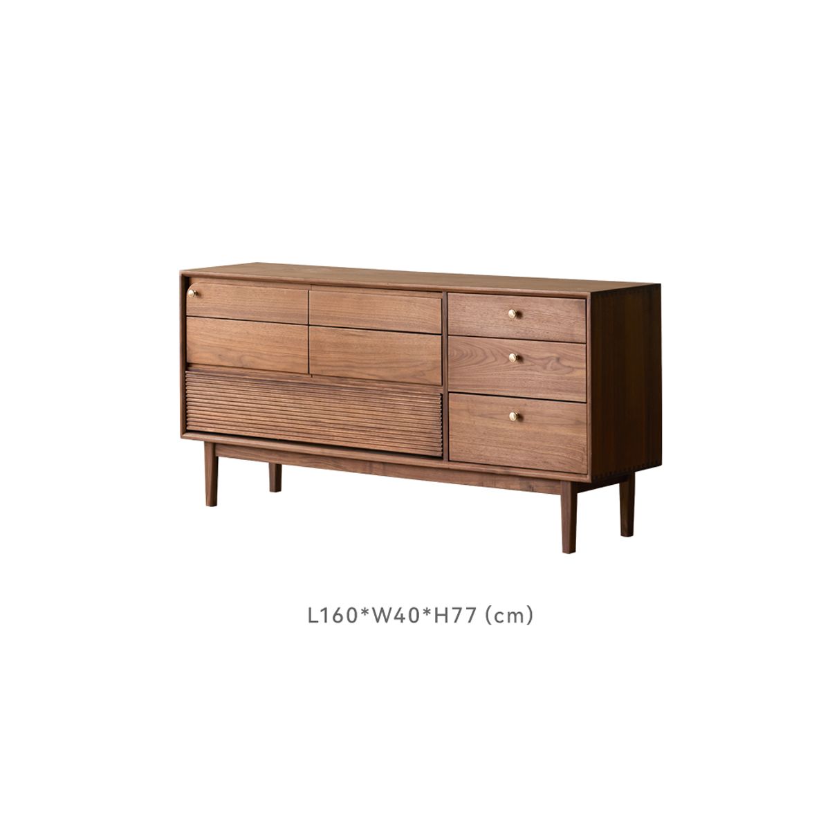 Solid walnut 8-drawer dresser with waffle textured front and brass knobs