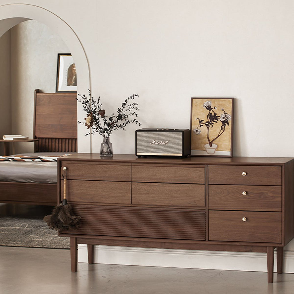 Walnutry Grid 8-drawer solid black walnut dresser with unique 3D waffle textured drawer fronts.
