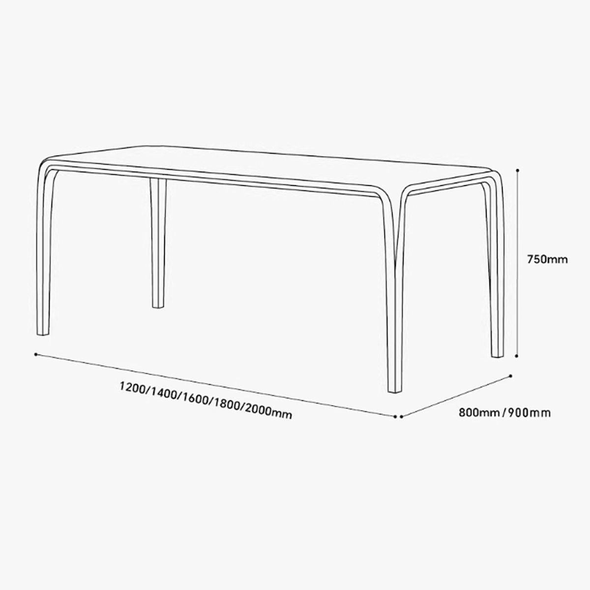 Dimensions and design sketch of solid walnut dining table by WALNUTRY WOOD with rounded edges