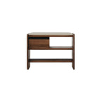 Solid walnut entryway bench with cushioned seat and open shoe storage shelves