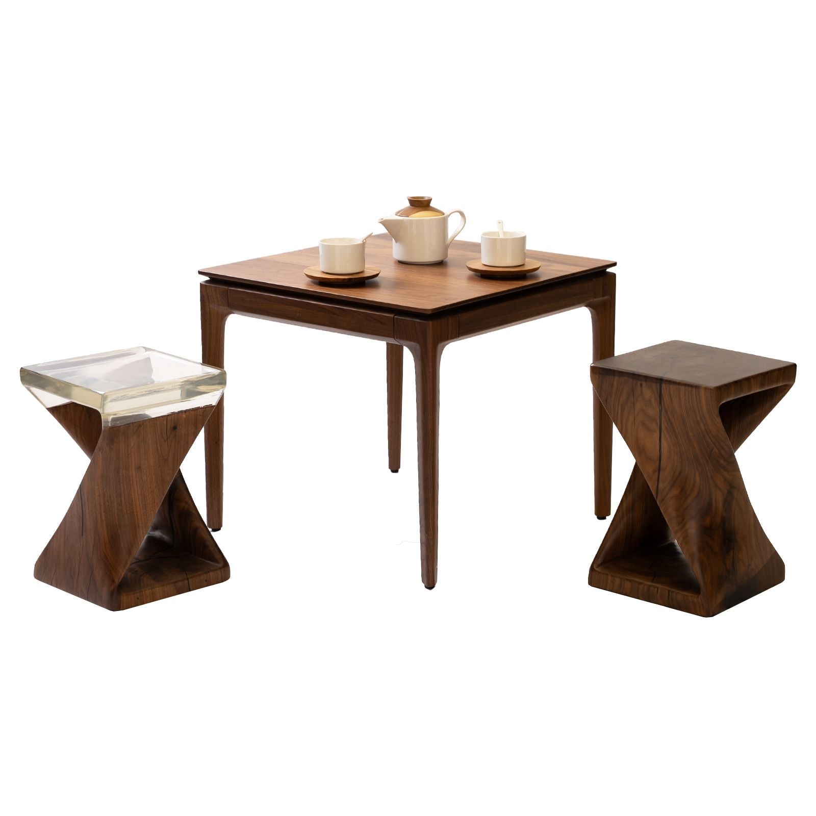 Walnutry solid walnut table with two matching wooden stools and tea set on top