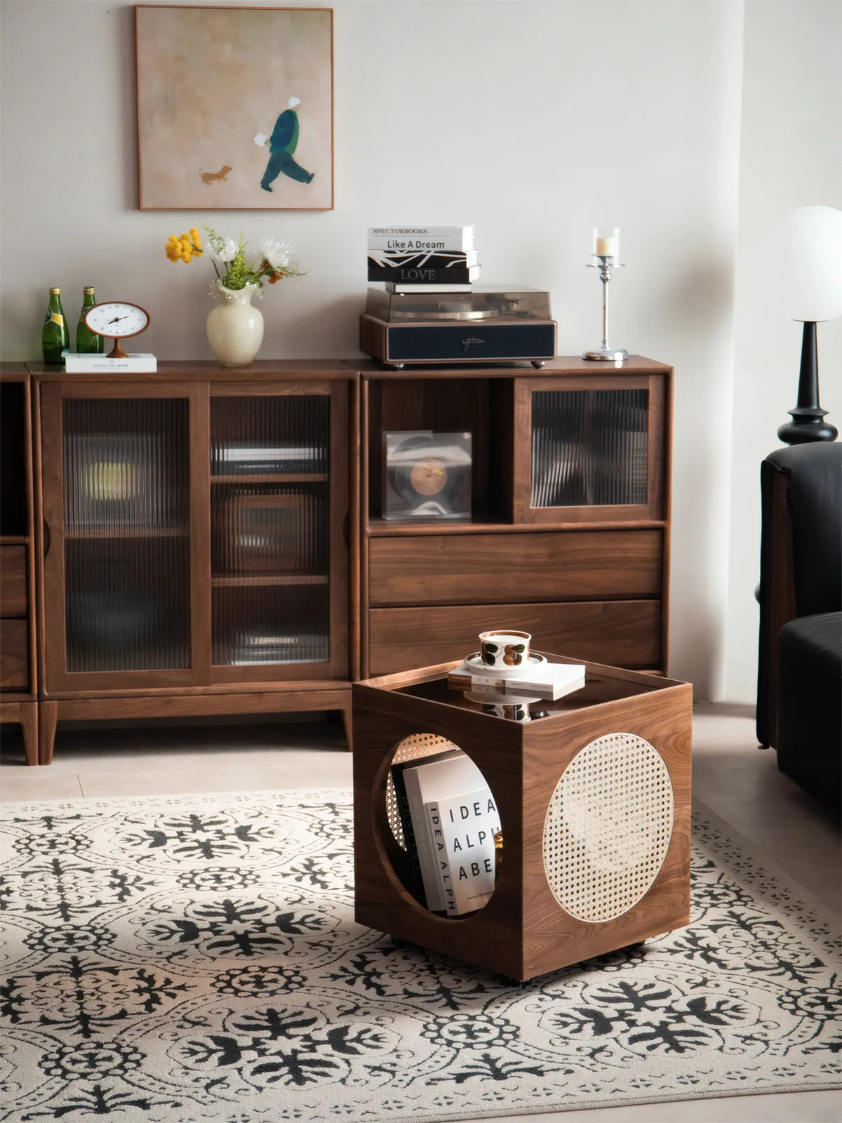 Sylvan Series cat furniture blending seamlessly with walnut cabinets and mid-century decor in a modern apartment