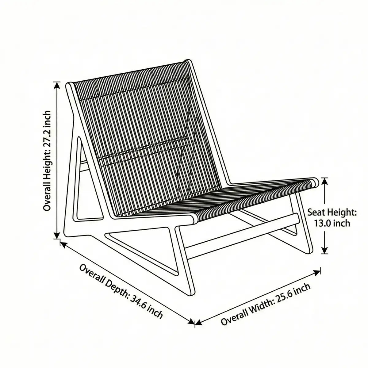 Technical dimension drawing of the Suiseki Lounge Chair showing 27.2 inch height, 25.6 inch width, and 13.0 inch seat height.