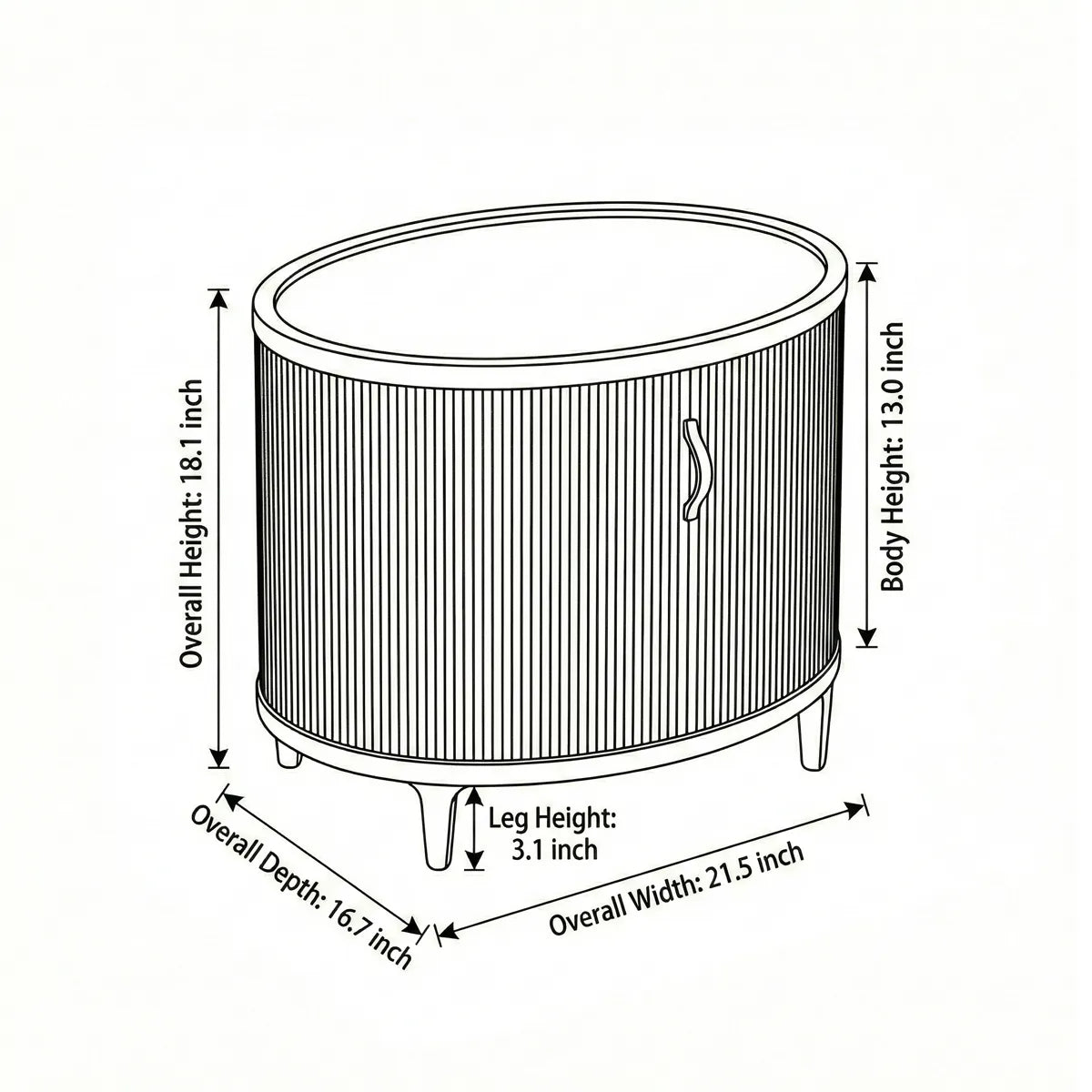 Dimension diagram of the Suiseki Oval Nightstand: Overall Width 21.5 inches, Depth 16.7 inches, Body Height 13.0 inches, and Leg Height 3.1 inches.