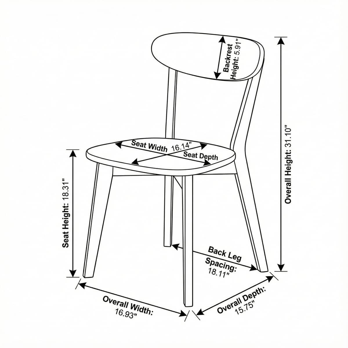 Technical line drawing of the Sylva walnut dining chair showing height 31.10 inches and seat width 16.14 inches.
