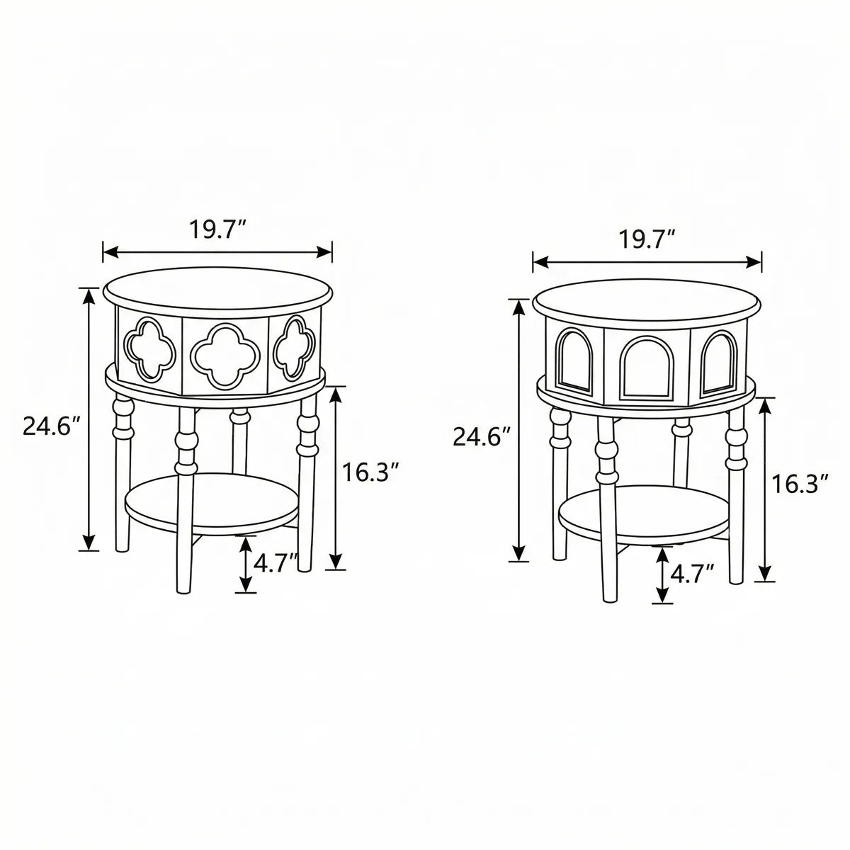 Technical dimension diagram of Sylvan round nightstand showing height 24.6 inches and width 19.7 inches.