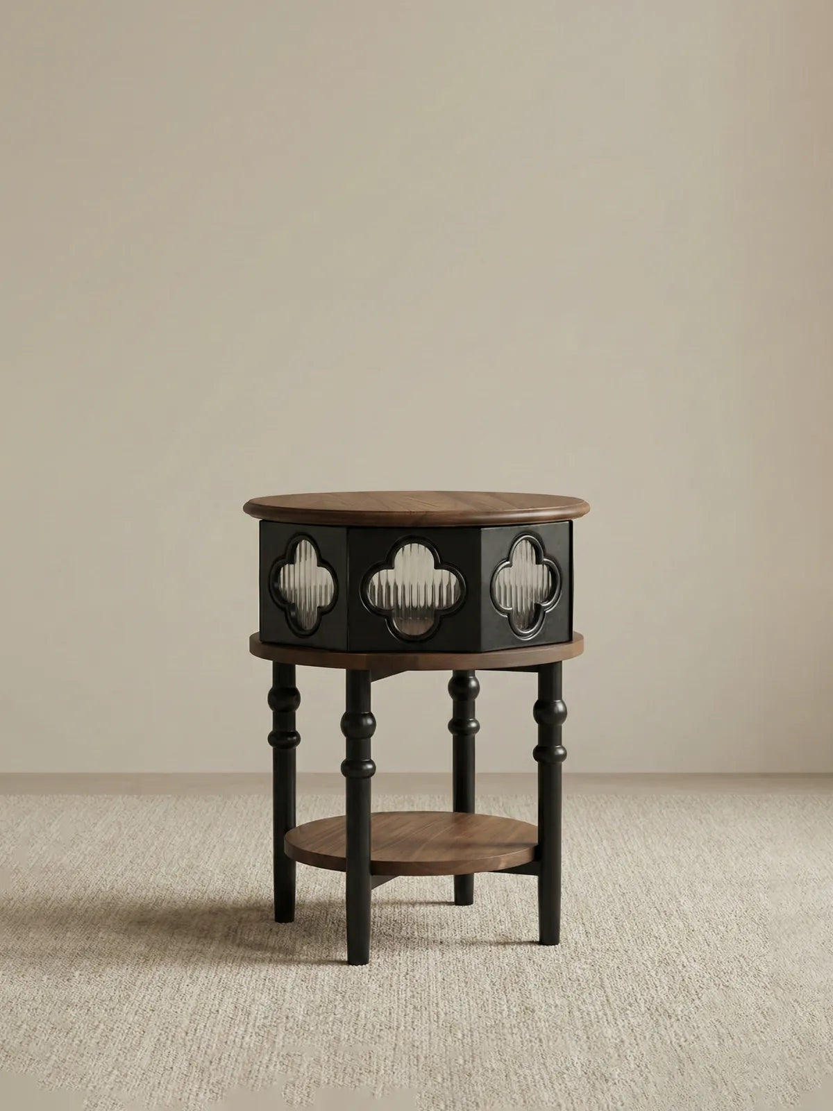 Studio shot of Sylvan solid walnut fluted drum nightstand on white background.