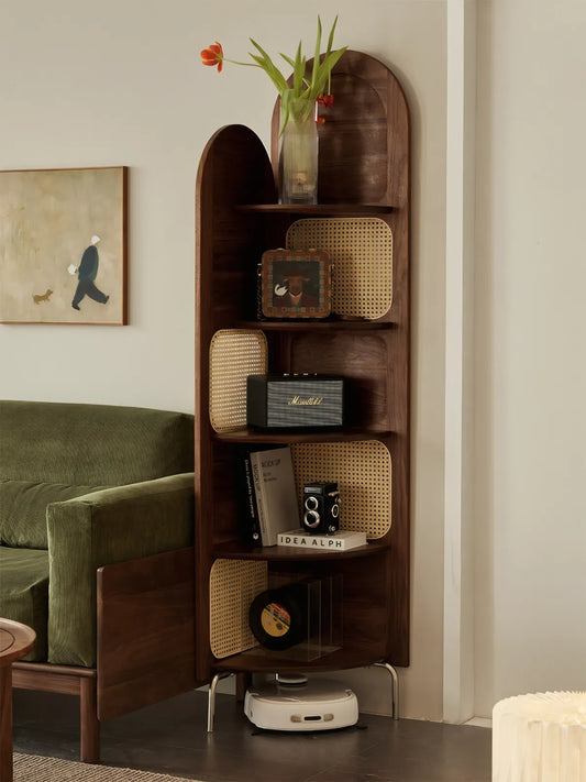 Full vertical view of the 5-tier solid walnut corner tower shelf, highlighting the arched top design and rattan back panels.