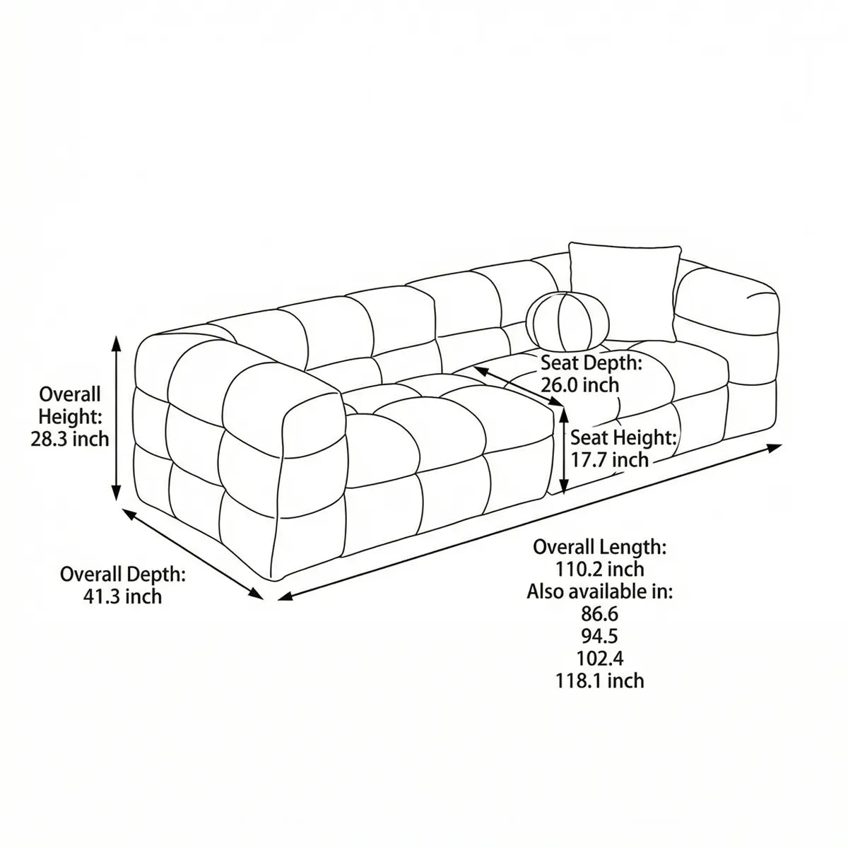 Technical line drawing of Walnutry Cumberland sofa showing overall dimensions: 28.3" height, 41.3" depth, and various length options.