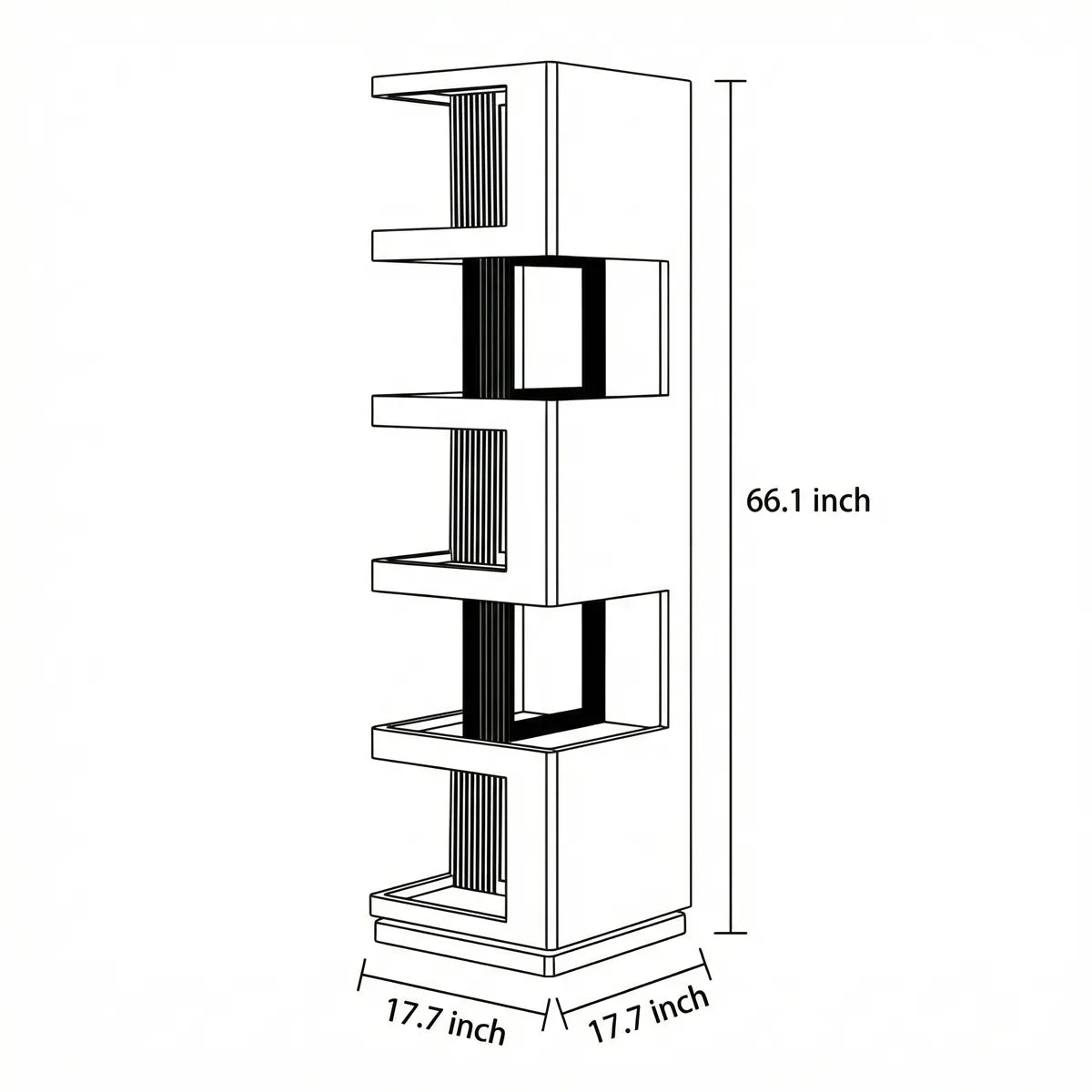 Technical schematic of the 5-tier rotating bookshelf showing total height of 66.1 inches and 17.7 inch base.
