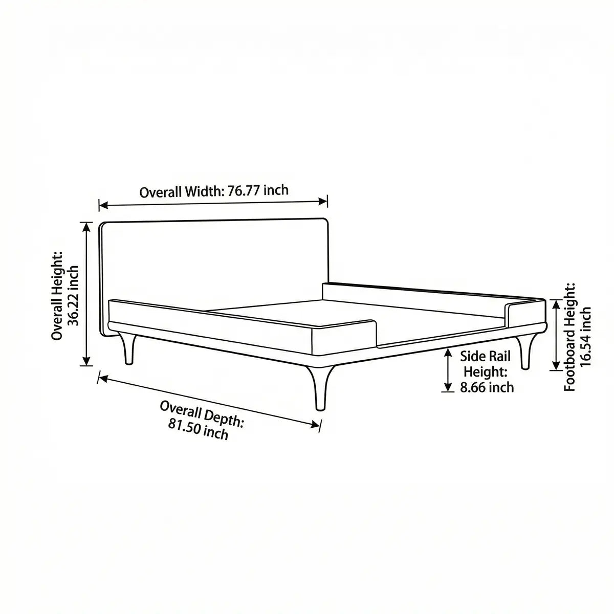 Technical dimension diagram of The Estate Bed Frame showing overall width, depth, and headboard height specifications.