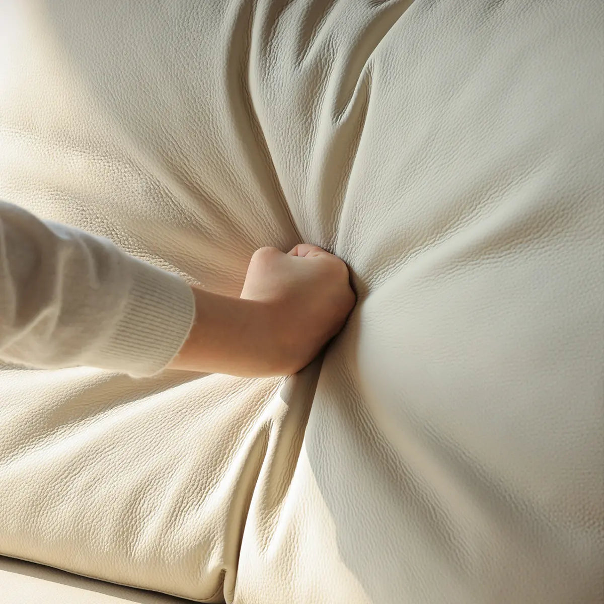 Close-up hand pressing into high-density foam leather cushion to demonstrate softness and resilience.