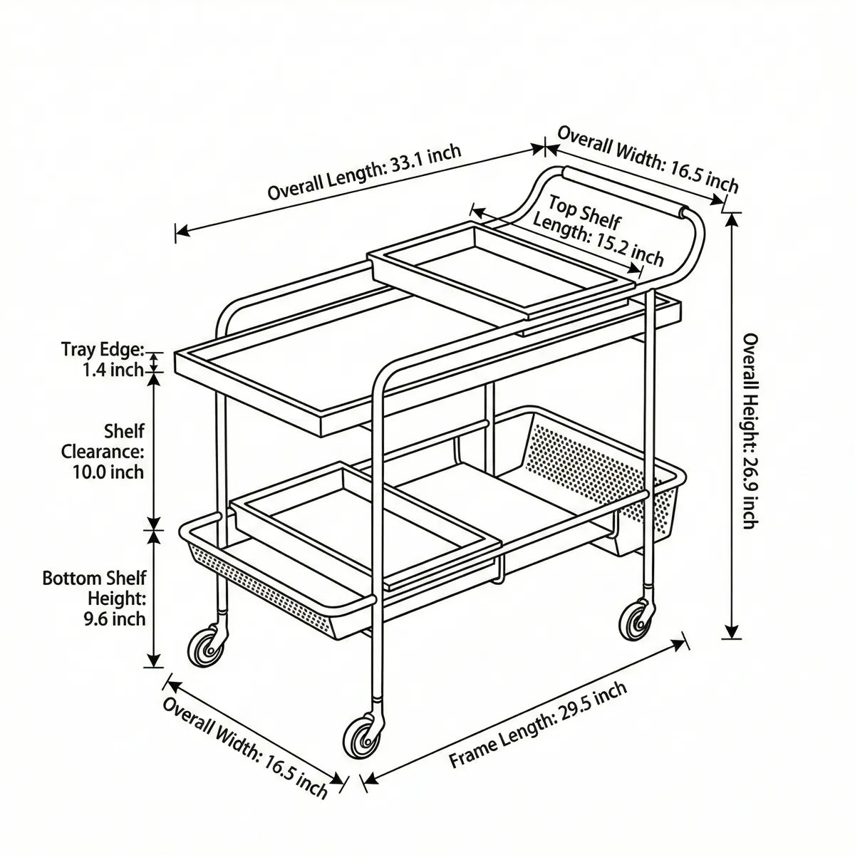 Technical dimension diagram of the Walnutry Kurumi bar cart showing height, width, and shelf clearance in inches.