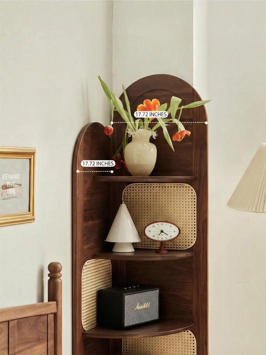 Dimension diagram of Walnutry solid walnut corner shelf showing 17.72 inch radius and shelf spacing details.