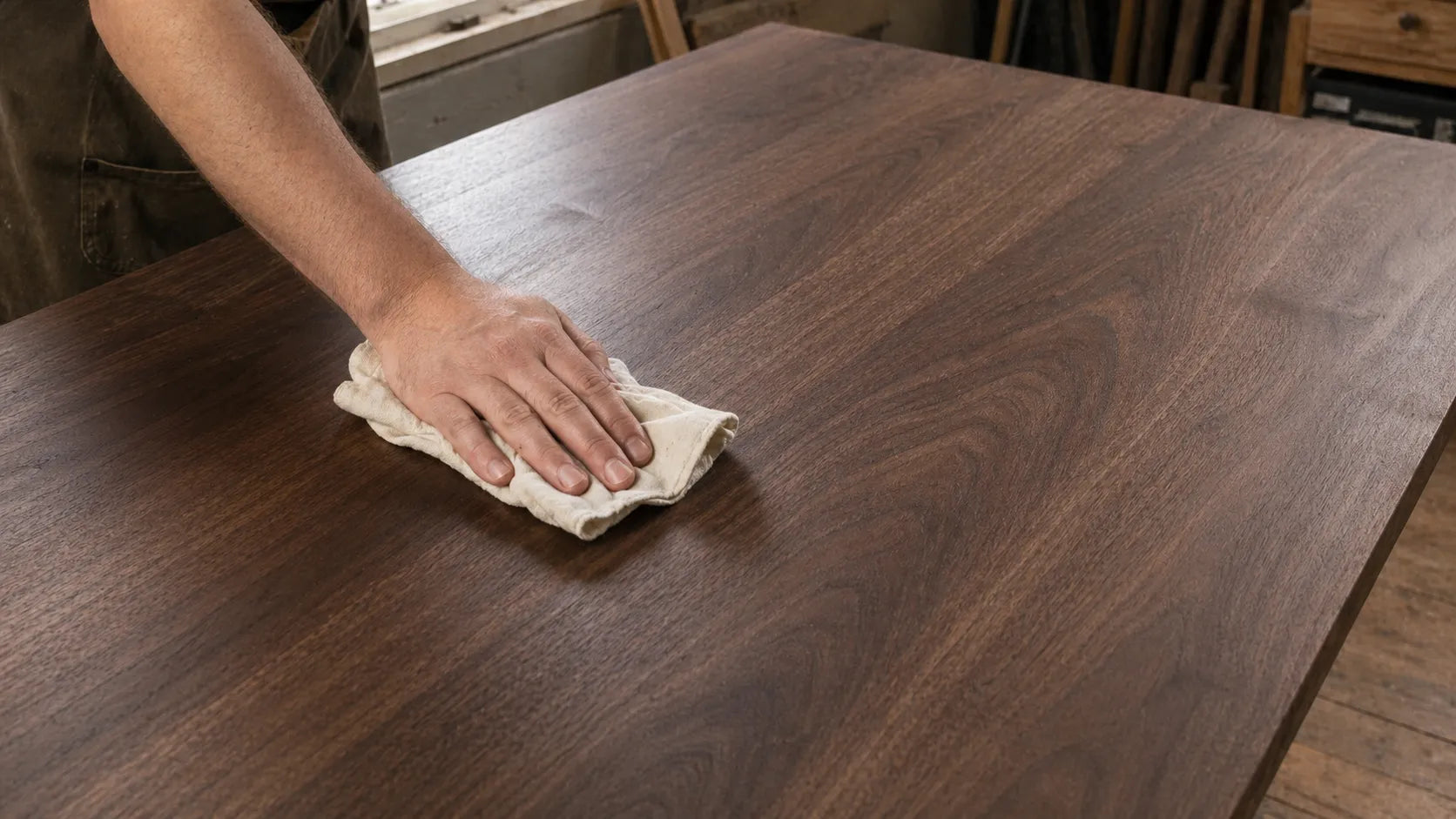 A hand buffing the surface of a solid walnut Heritage Dining Table with a soft cotton cloth in the Walnutry workshop