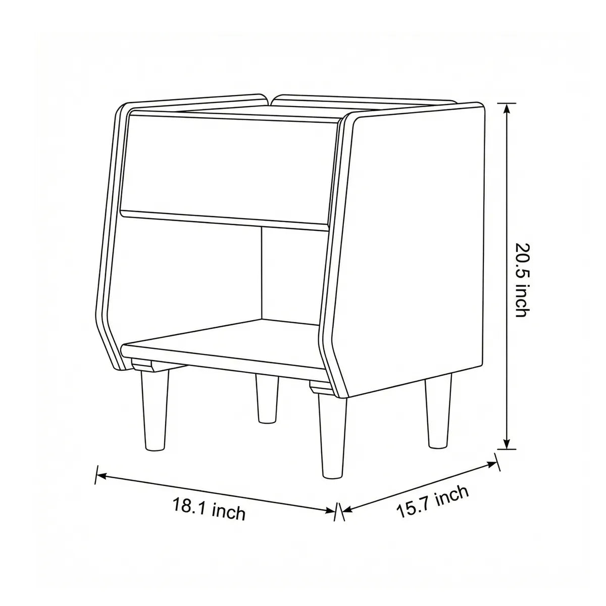 Technical dimension diagram of Walnutry nightstand: 20.5" Height x 18.1" Width x 15.7" Depth.