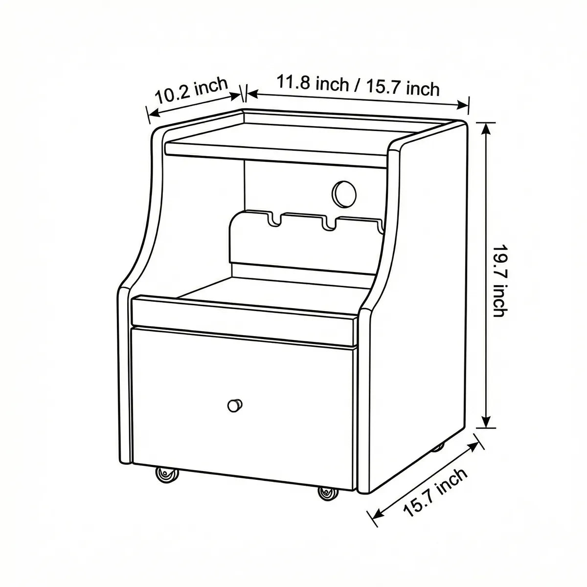 Technical dimension diagram of Walnutry nightstand showing 19.7 inch height and 11.8/15.7 inch width options.