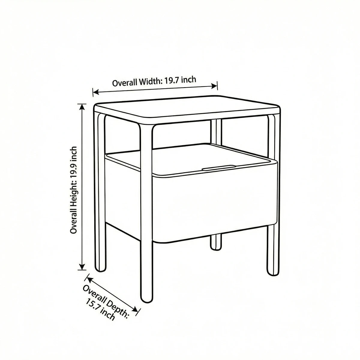 Technical dimension diagram of the nightstand showing width, height, and depth measurements for bedroom planning.