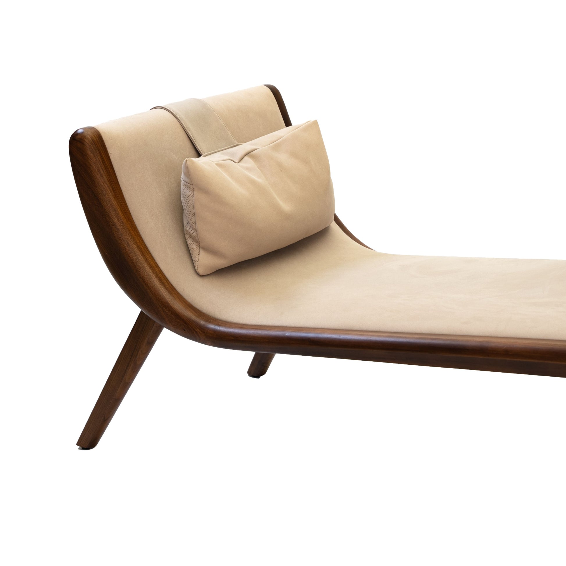 Sculptural chaise lounge with beige cushion and solid North American Black Walnut frame