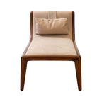 Modern walnut sculptural chaise lounge with beige cushioned seat and matching pillow