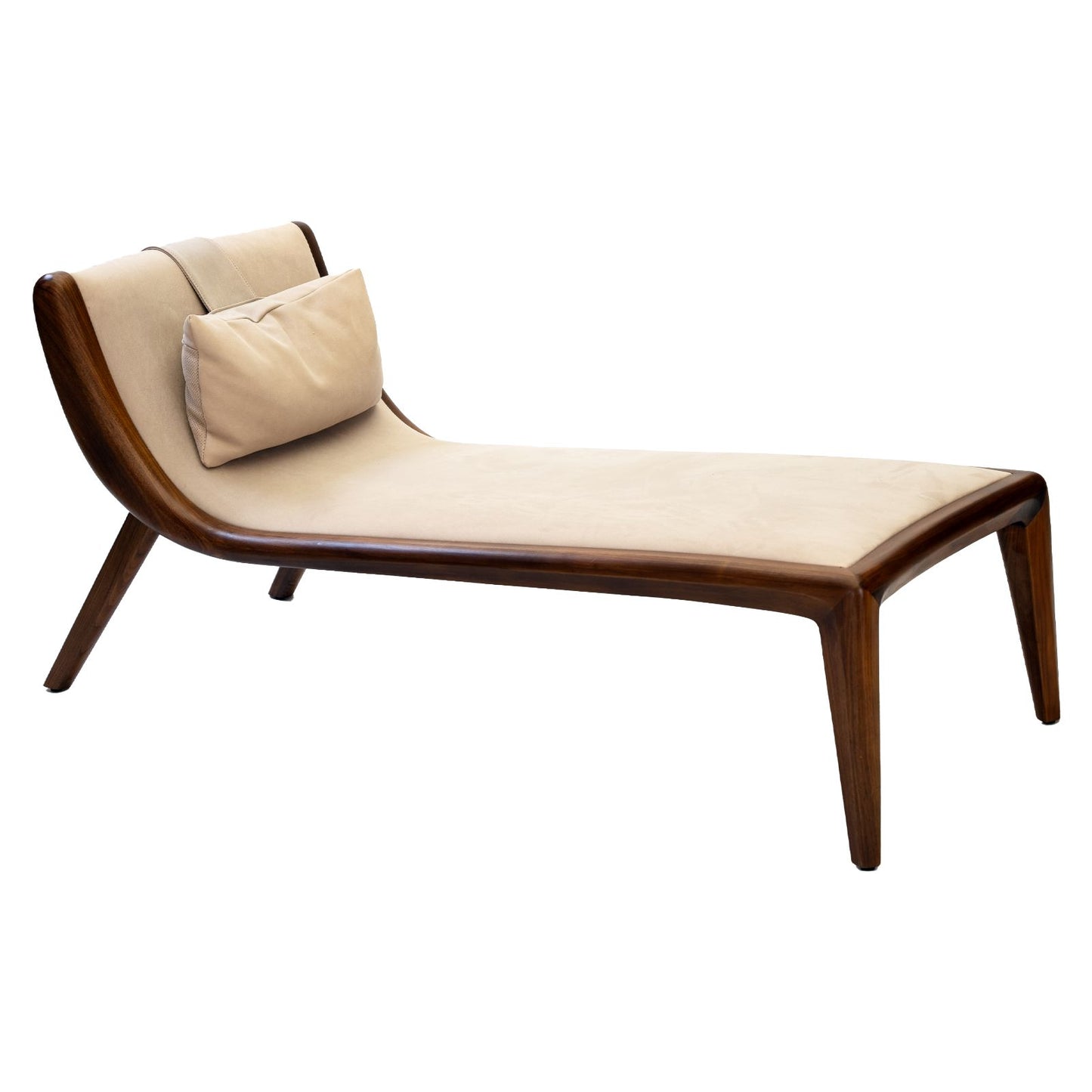 Walnut sculptural chaise lounge with beige upholstered cushion and pillow, modern mid-century design