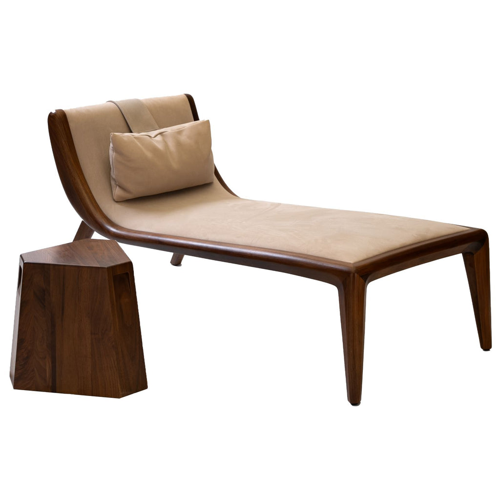 Walnutry walnut sculptural chaise lounge with beige cushion and matching wooden side table
