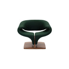 Walnut sculptural lounge chair with dark green curved upholstery and wooden base by Walnutry