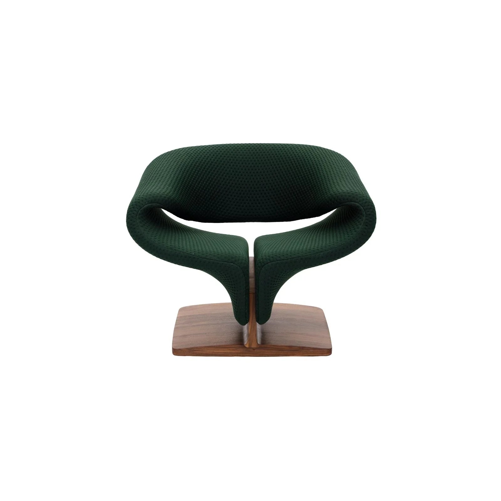 Walnut sculptural lounge chair with dark green curved upholstery and wooden base by Walnutry