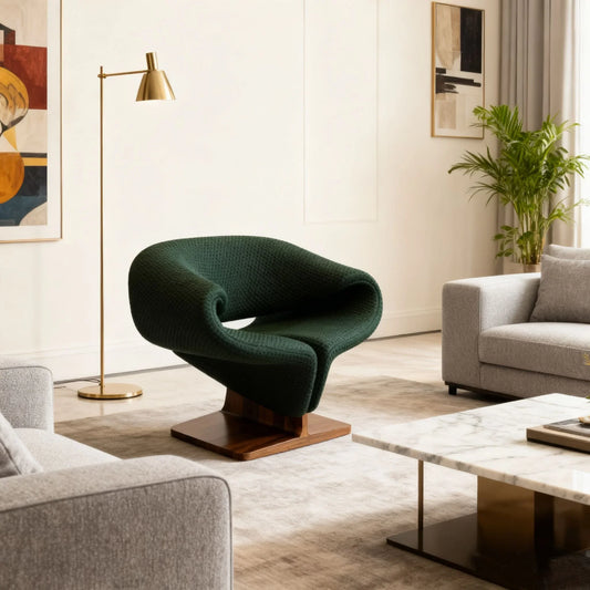 Modern living room with sculptural green lounge chair on walnut base, beige sofas, marble coffee table
