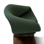 Walnutry walnut sculptural lounge chair with dark green textured fabric and wooden base