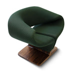 Walnutry walnut sculptural lounge chair with green textured upholstery and wooden base accent chair