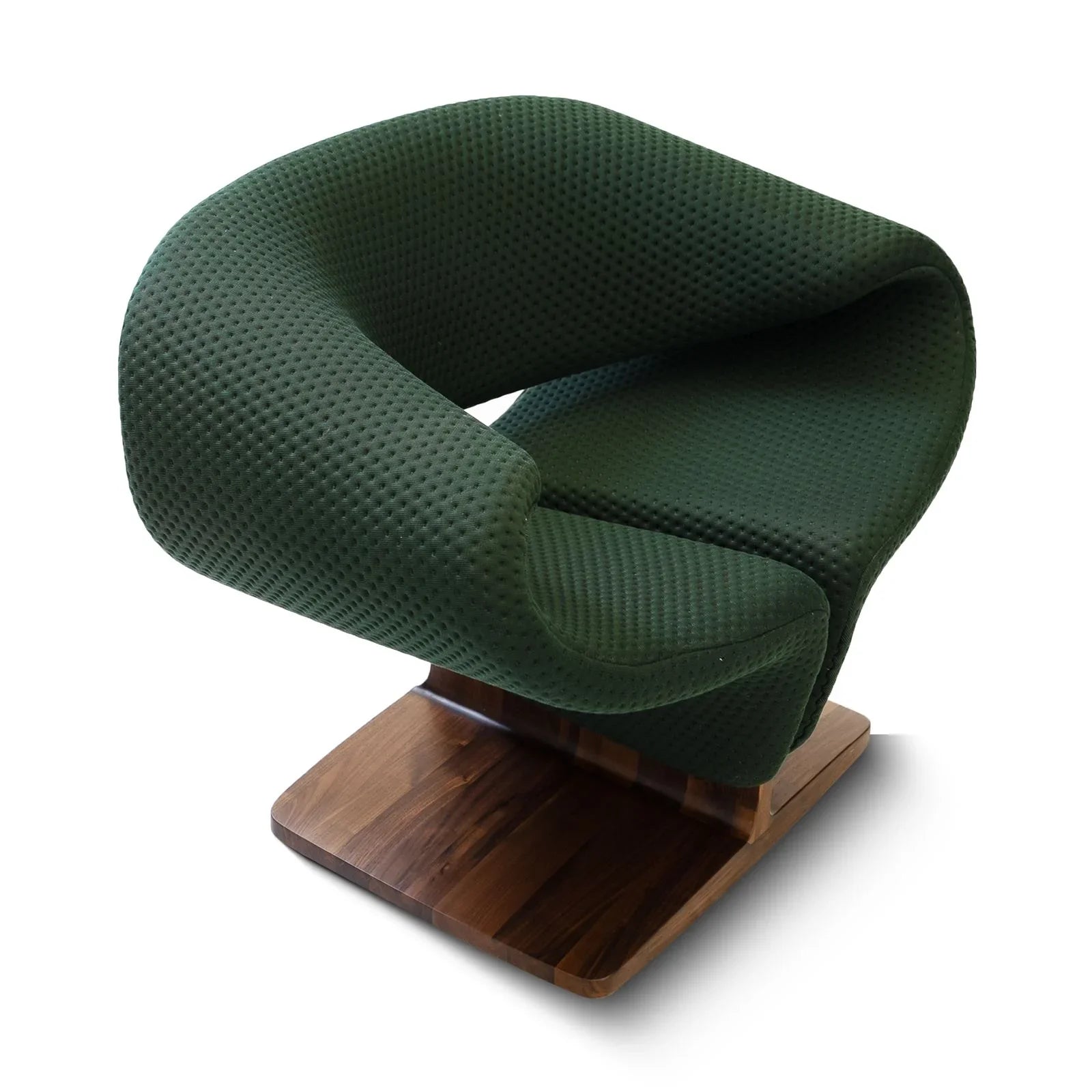 Sculptural lounge chair with textured green upholstery and solid walnut wood base