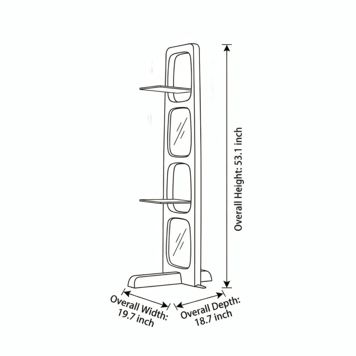 Technical dimension diagram of the Ocular Etagere showing 53.1 inch height, 19.7 inch width, and extra-deep 18.7 inch depth specifications.