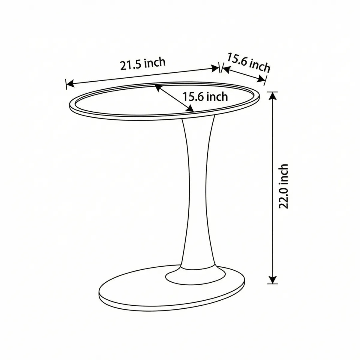 Technical dimension diagram of The Orbit side table showing 21.5 inch length, 15.6 inch width, and 22 inch height, illustrating ergonomic proportions.