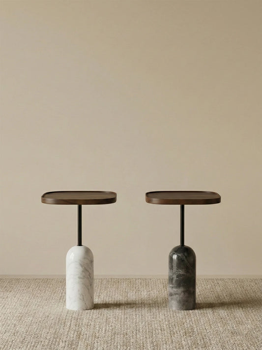 Comparison of Walnutry side table variants: solid wood base versus white and black marble base options.