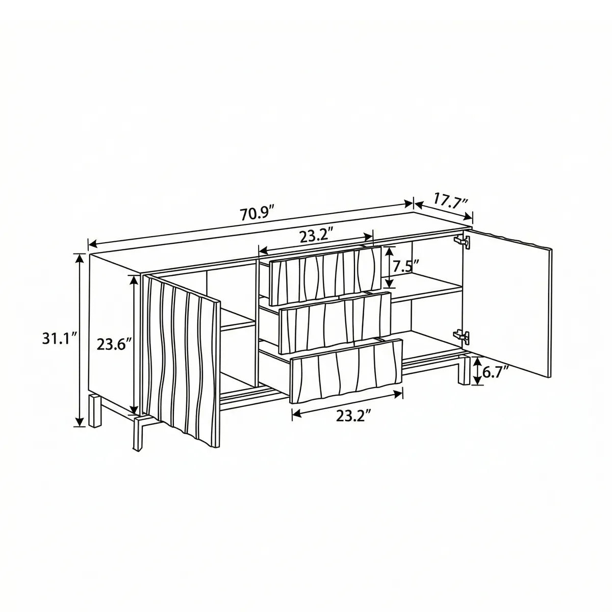 Technical line drawing of the Suiseki sideboard showing dimensions: 70.9 inches width, 31.1 inches height, and 17.7 inches depth with drawer measurements.
