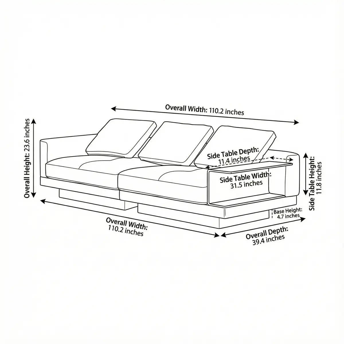 Technical dimension diagram of Komorebi sofa showing 110.2 inch width and integrated side table specs.