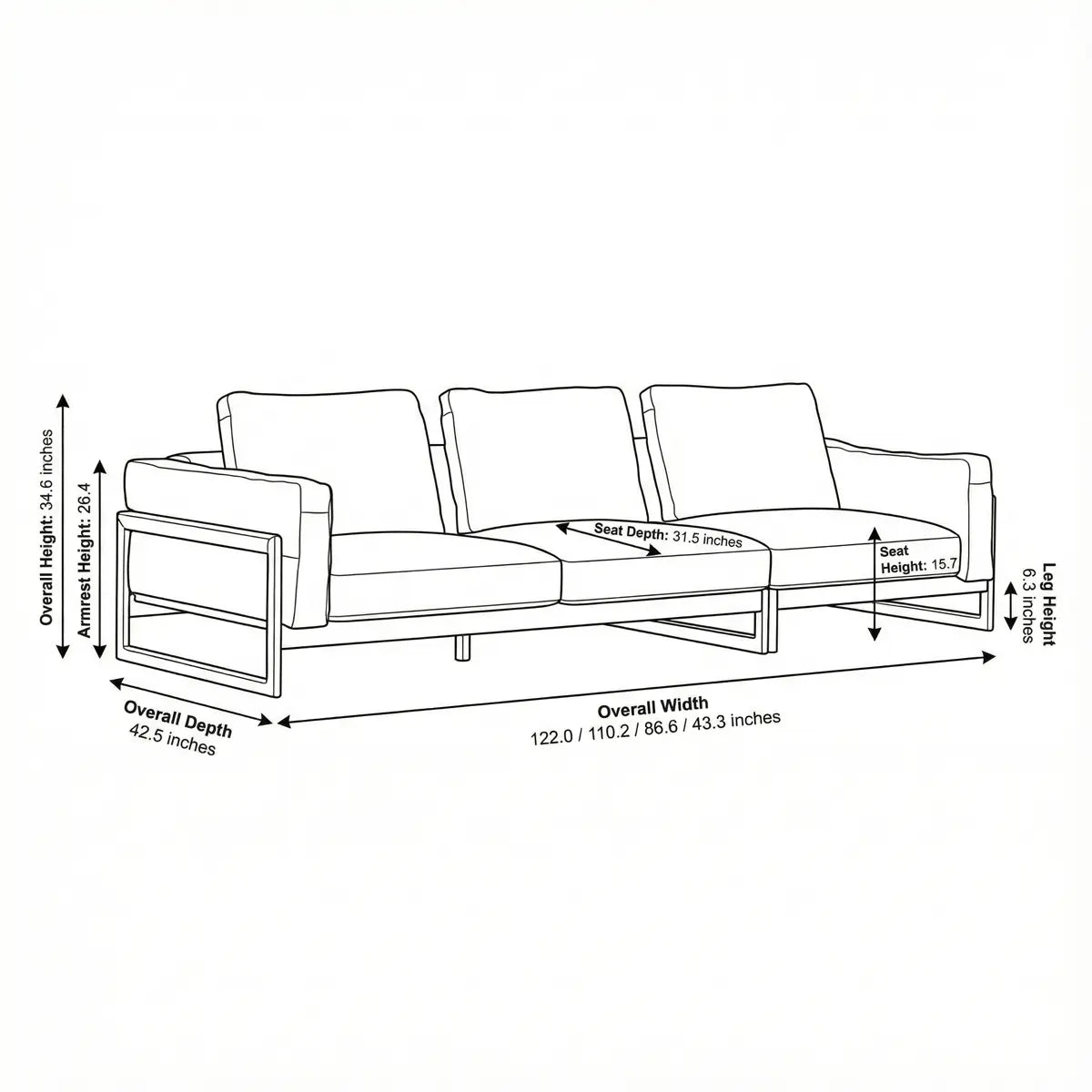 Technical specification diagram showing dimensions for 1-seater, 2-seater, 3-seater, and 4-seater solid walnut sofas.