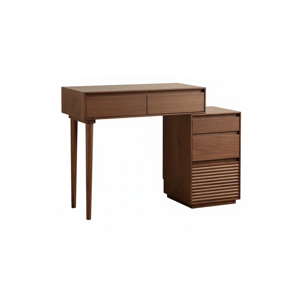 Walnut vanity desk and nightstand combo with drawers and slatted cabinet design
