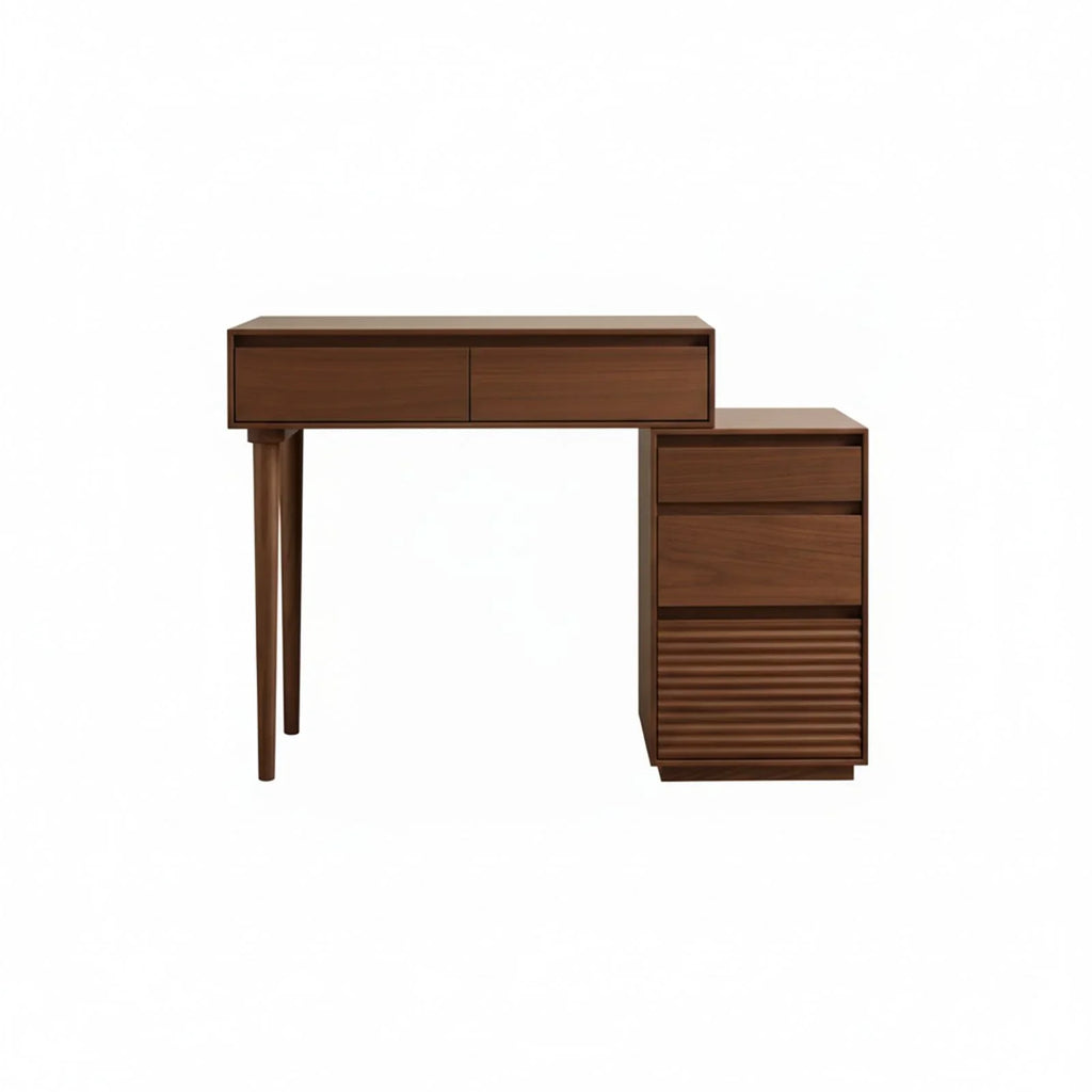 Walnutry Muse solid black walnut vanity desk with integrated nightstand cabinet for small bedrooms.