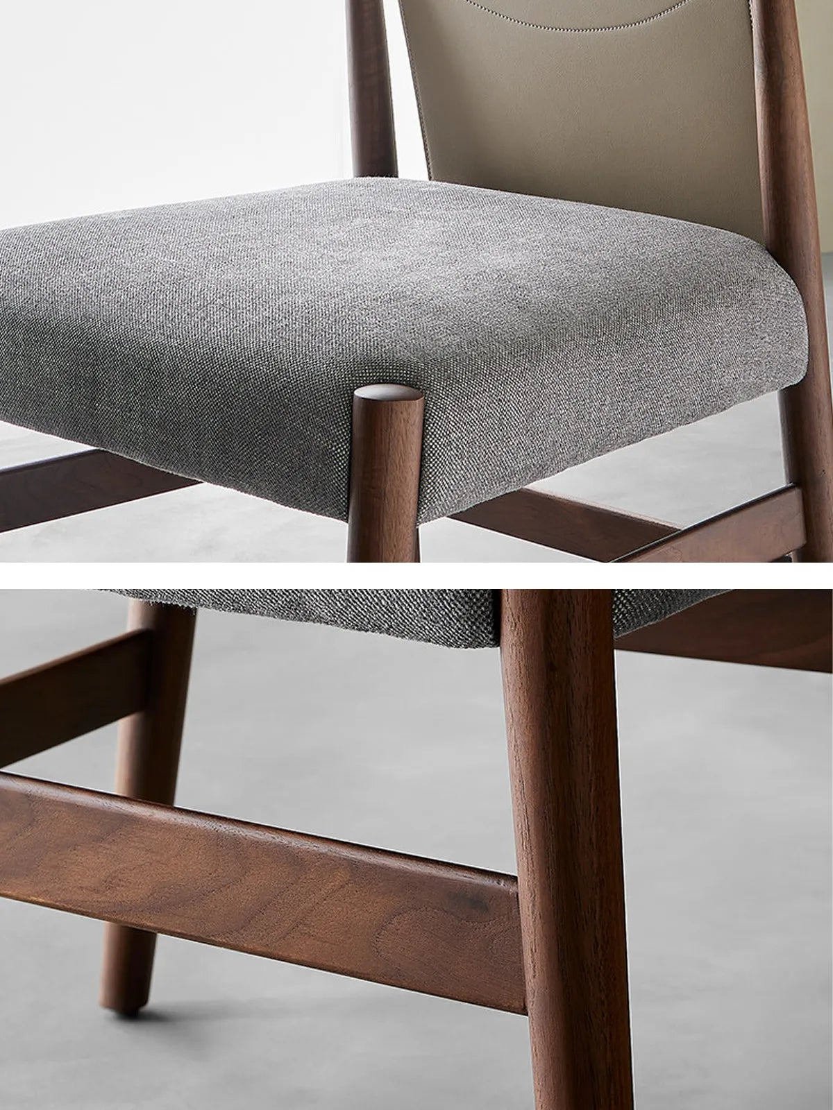 Close-up macro shot of the solid walnut wood texture on the chair leg, showing the satin oil finish and natural durability.