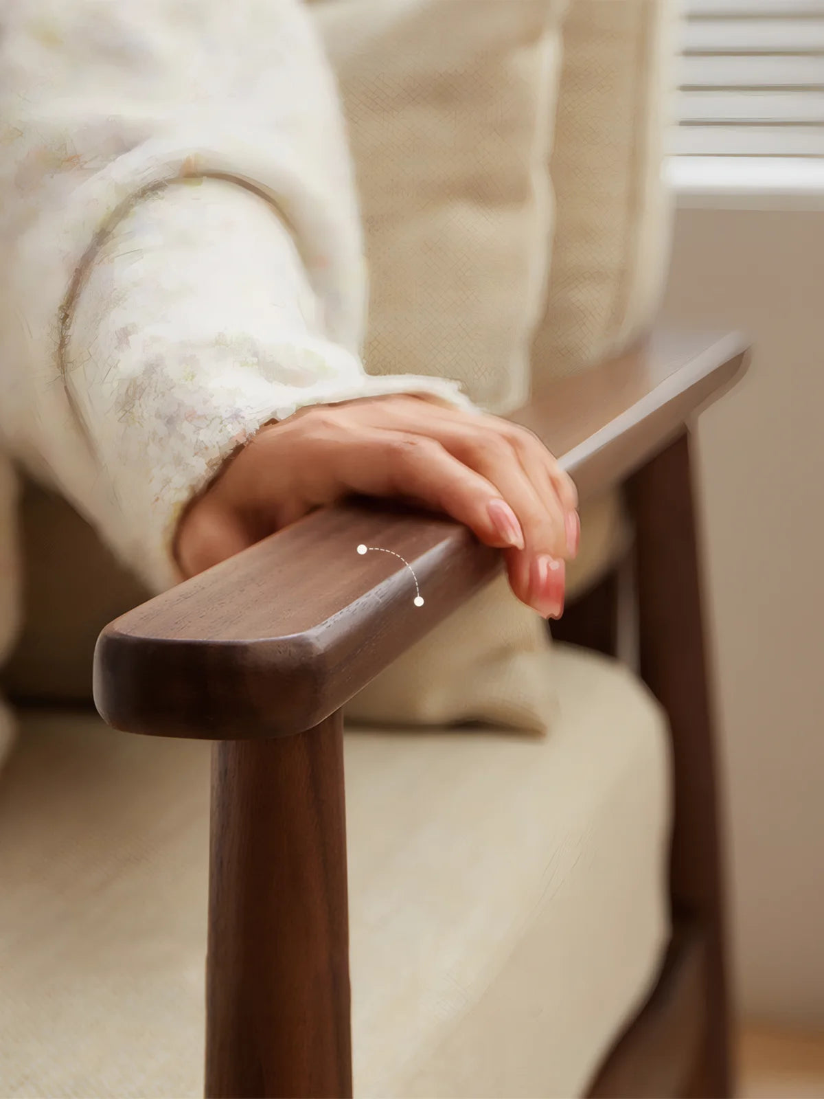 Walnutry Alden Armchair armrest detail highlighting smooth walnut finish, slim rectangular arm shape, and precise craftsmanship on a wood frame fabric armchair