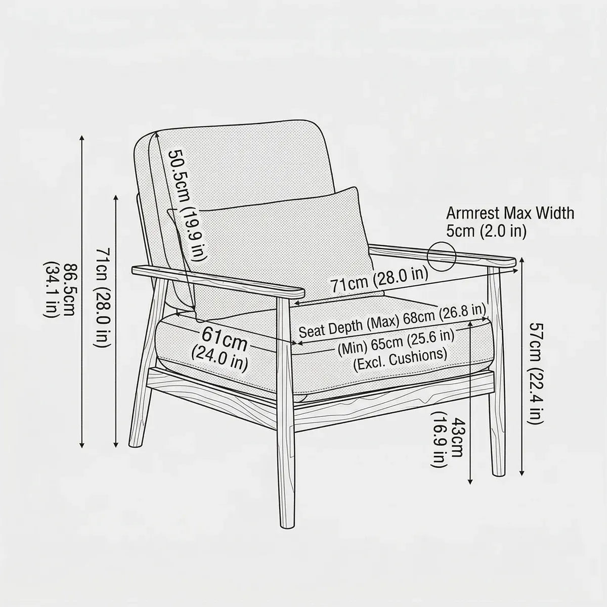 Walnutry Alden Armchair dimension guide showing 71 cm width, 86.5 cm height, 43 cm seat height, and detailed armrest and seat depth measurements