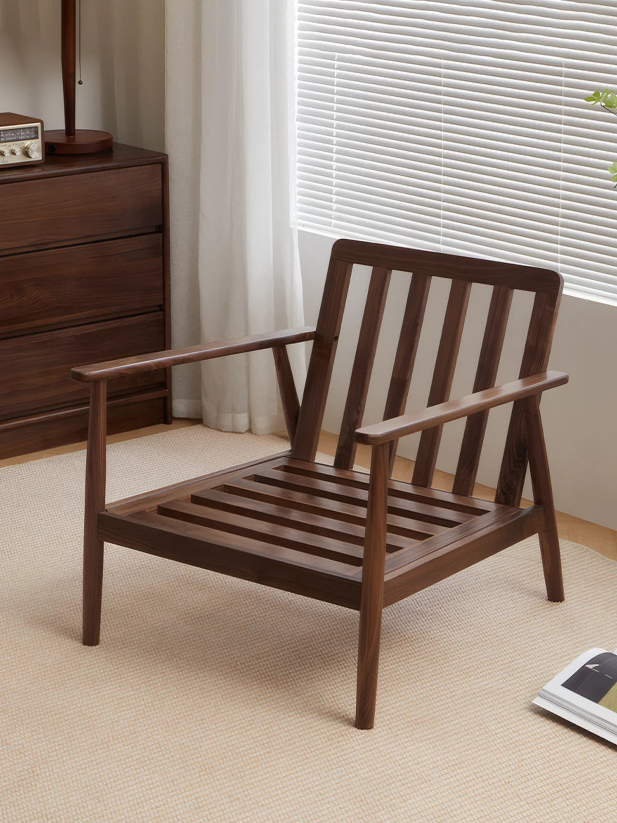 Walnutry Alden Armchair frame-only view showing exposed walnut structure, slatted seat and back support, and clean mid-century wood armchair construction