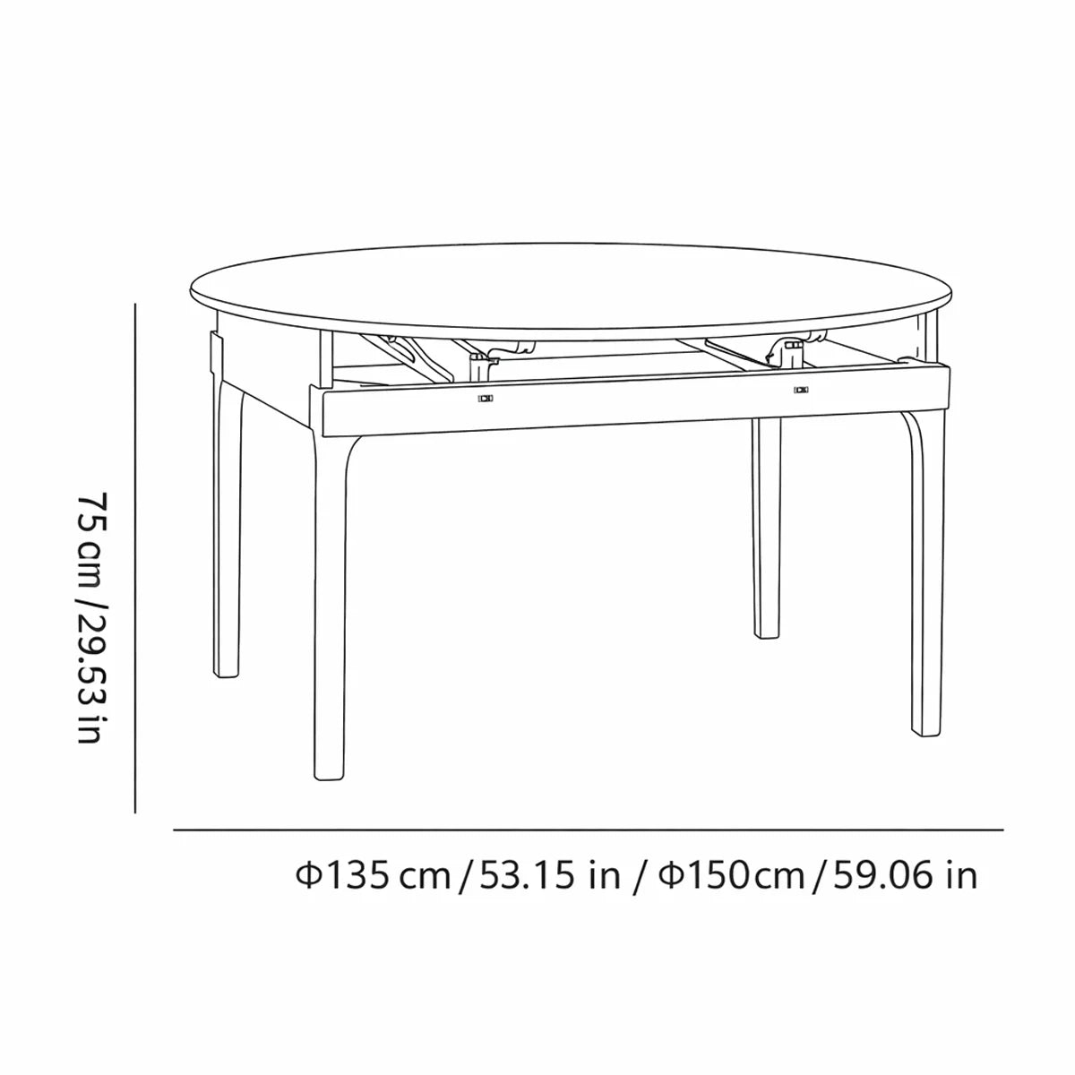 Dimension diagram of the extendable round dining table showing a 29.53-inch height and tabletop diameters of 53.15 inches and 59.06 inches.