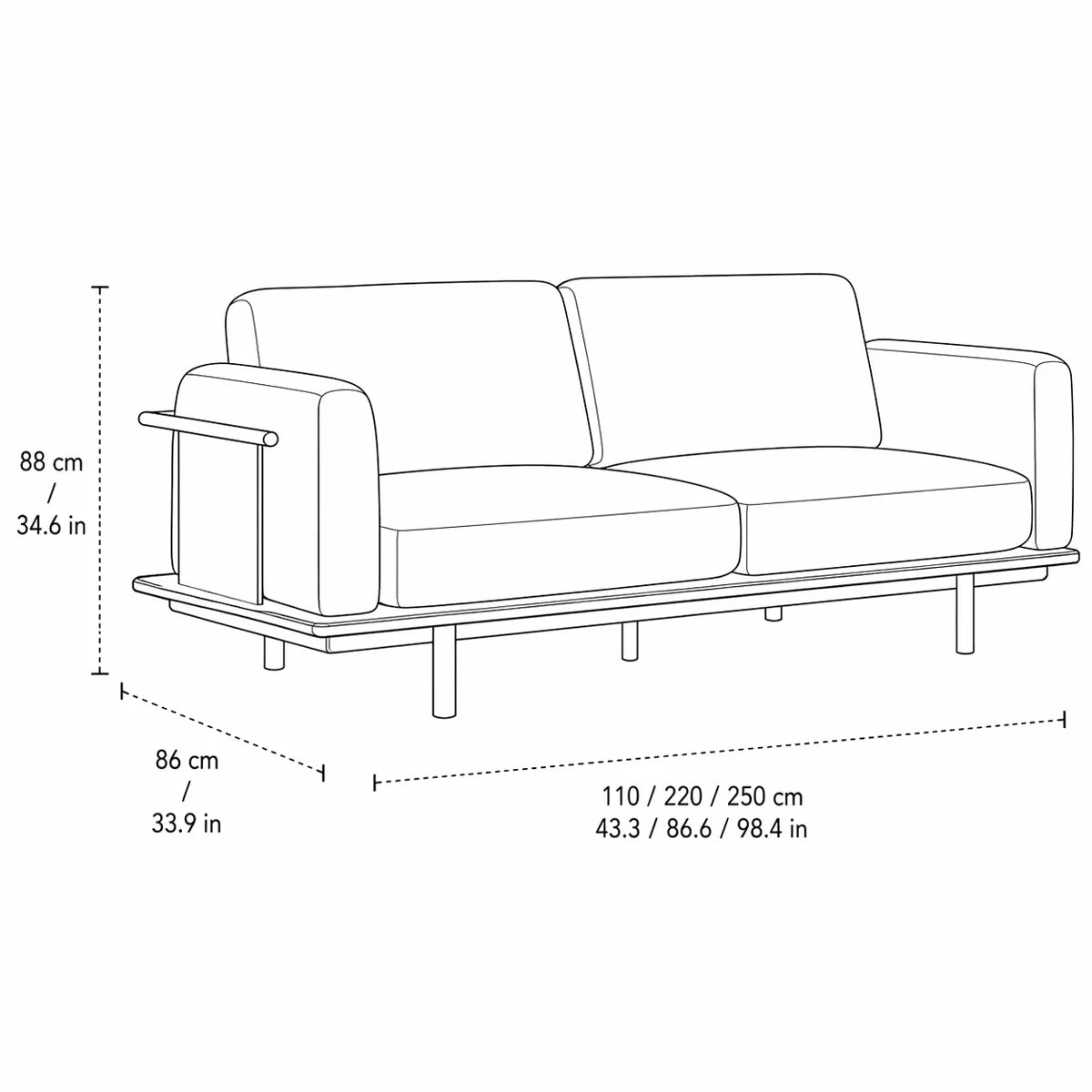 Dimension diagram of Alden Ridge sofa showing height 88 cm, depth 86 cm, and three width options 110, 220, and 250 cm